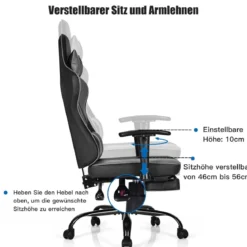 Gaming Stuhl höhenverstellbar Drehstuhl mit gepolsterte hohe Rückenlehne für Büro Schwarz + Grau