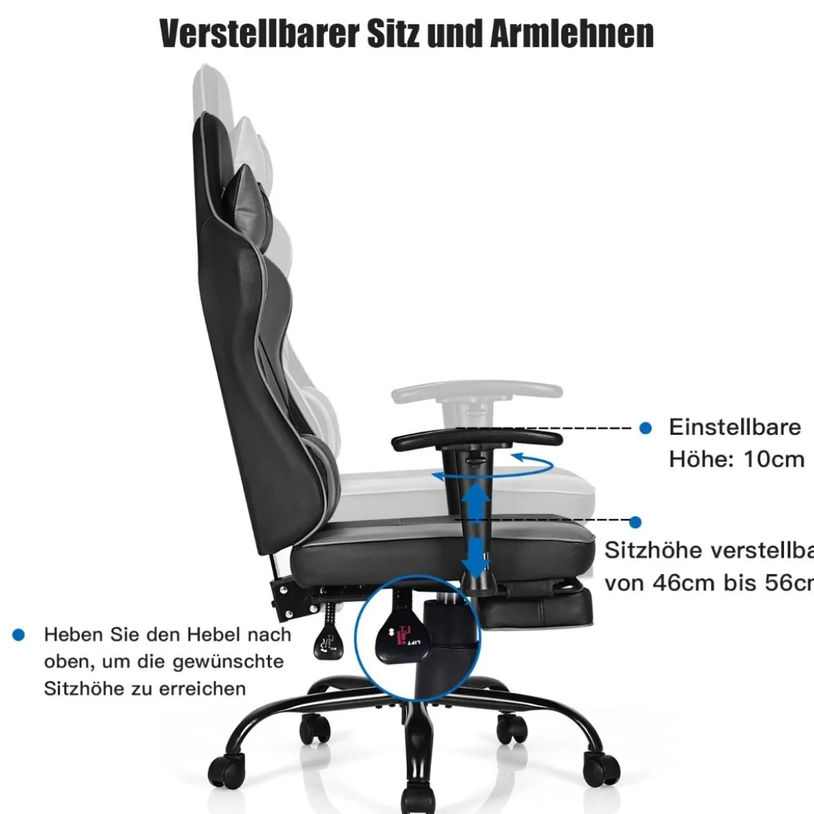 Gaming Stuhl höhenverstellbar Drehstuhl mit gepolsterte hohe Rückenlehne für Büro Schwarz + Grau