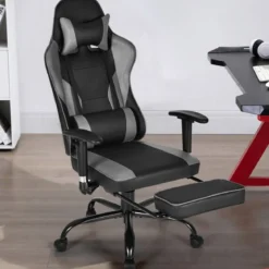 Gaming Stuhl höhenverstellbar Drehstuhl mit gepolsterte hohe Rückenlehne für Büro Schwarz + Grau