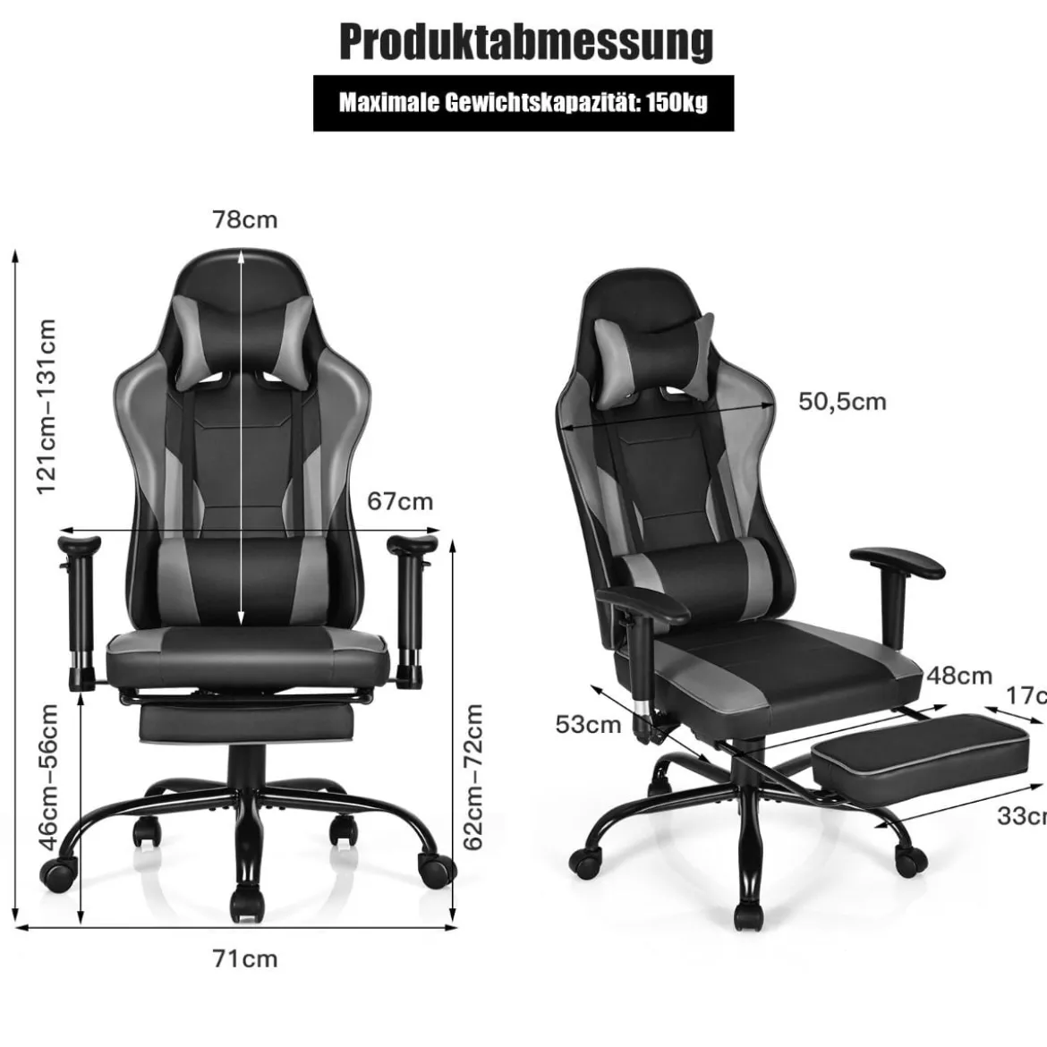 Gaming Stuhl höhenverstellbar Drehstuhl mit gepolsterte hohe Rückenlehne für Büro Schwarz + Grau