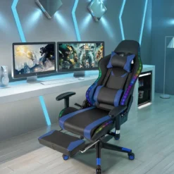 Gaming Stuhl mit RGB-LED-Leuchten & Einziehbarer Fußstütze Ergonomischer Bürostuhl Blau