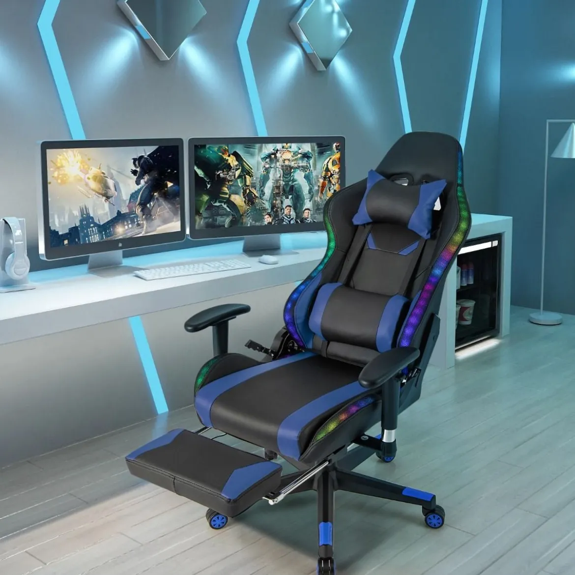Gaming Stuhl mit RGB-LED-Leuchten & Einziehbarer Fußstütze Ergonomischer Bürostuhl Blau