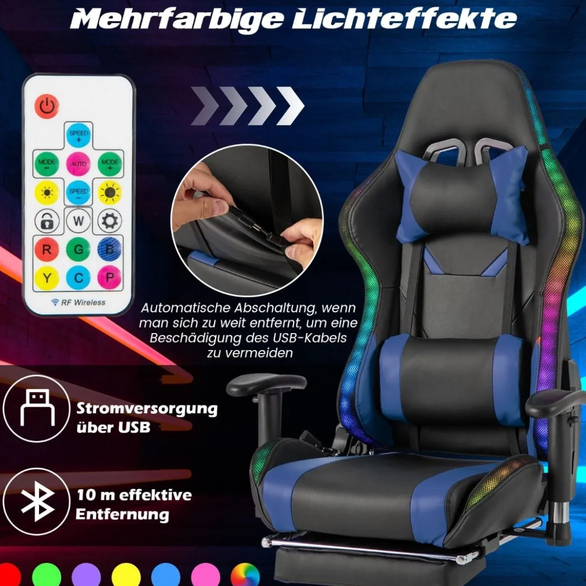 Gaming Stuhl mit RGB-LED-Leuchten & Einziehbarer Fußstütze Ergonomischer Bürostuhl Blau