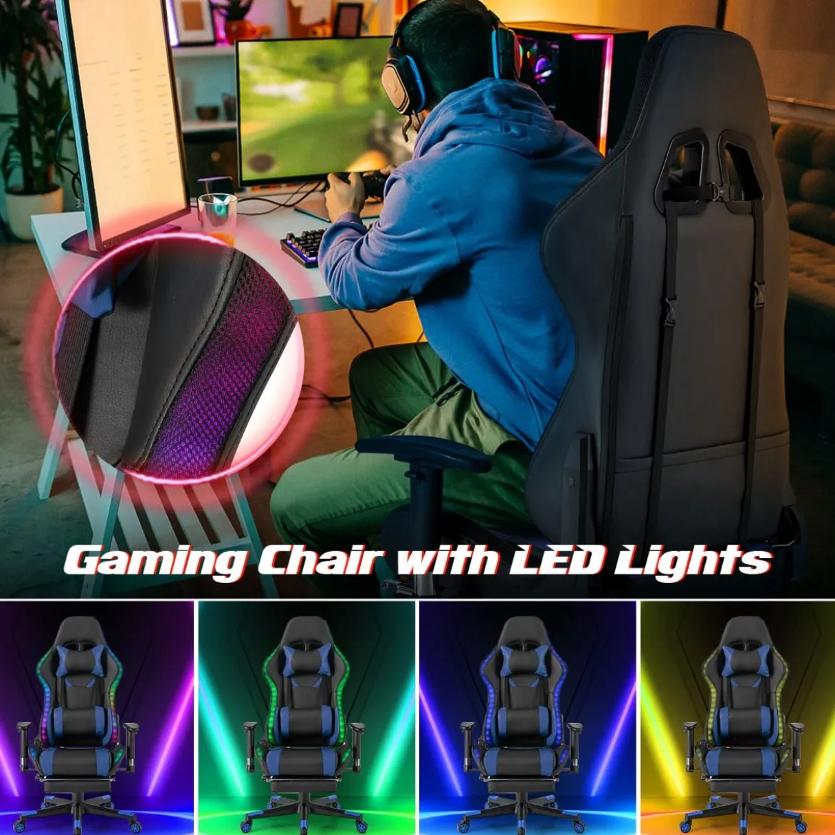 Gaming Stuhl mit RGB-LED-Leuchten & Einziehbarer Fußstütze Ergonomischer Bürostuhl Blau
