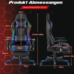 Gaming Stuhl mit RGB-LED-Leuchten & Einziehbarer Fußstütze Ergonomischer Bürostuhl Blau