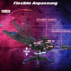 Gaming Stuhl mit RGB-LED-Leuchten & Einziehbarer Fußstütze Ergonomischer Bürostuhl Blau
