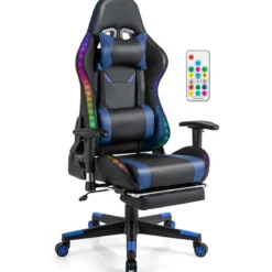 Gaming Stuhl mit RGB-LED-Leuchten & Einziehbarer Fußstütze Ergonomischer Bürostuhl Blau