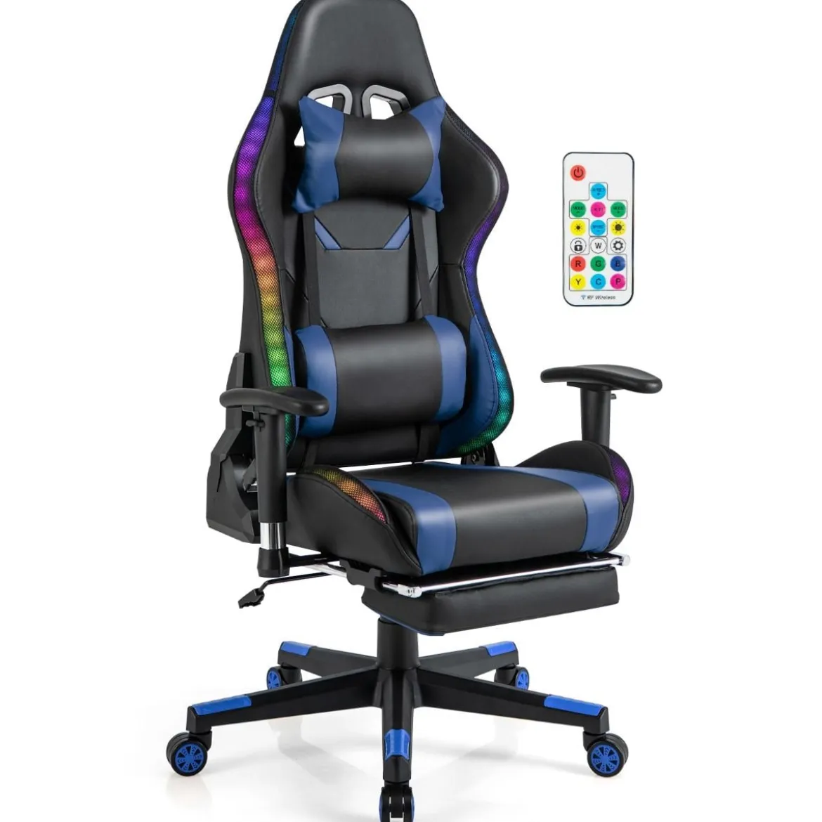 Gaming Stuhl mit RGB-LED-Leuchten & Einziehbarer Fußstütze Ergonomischer Bürostuhl Blau