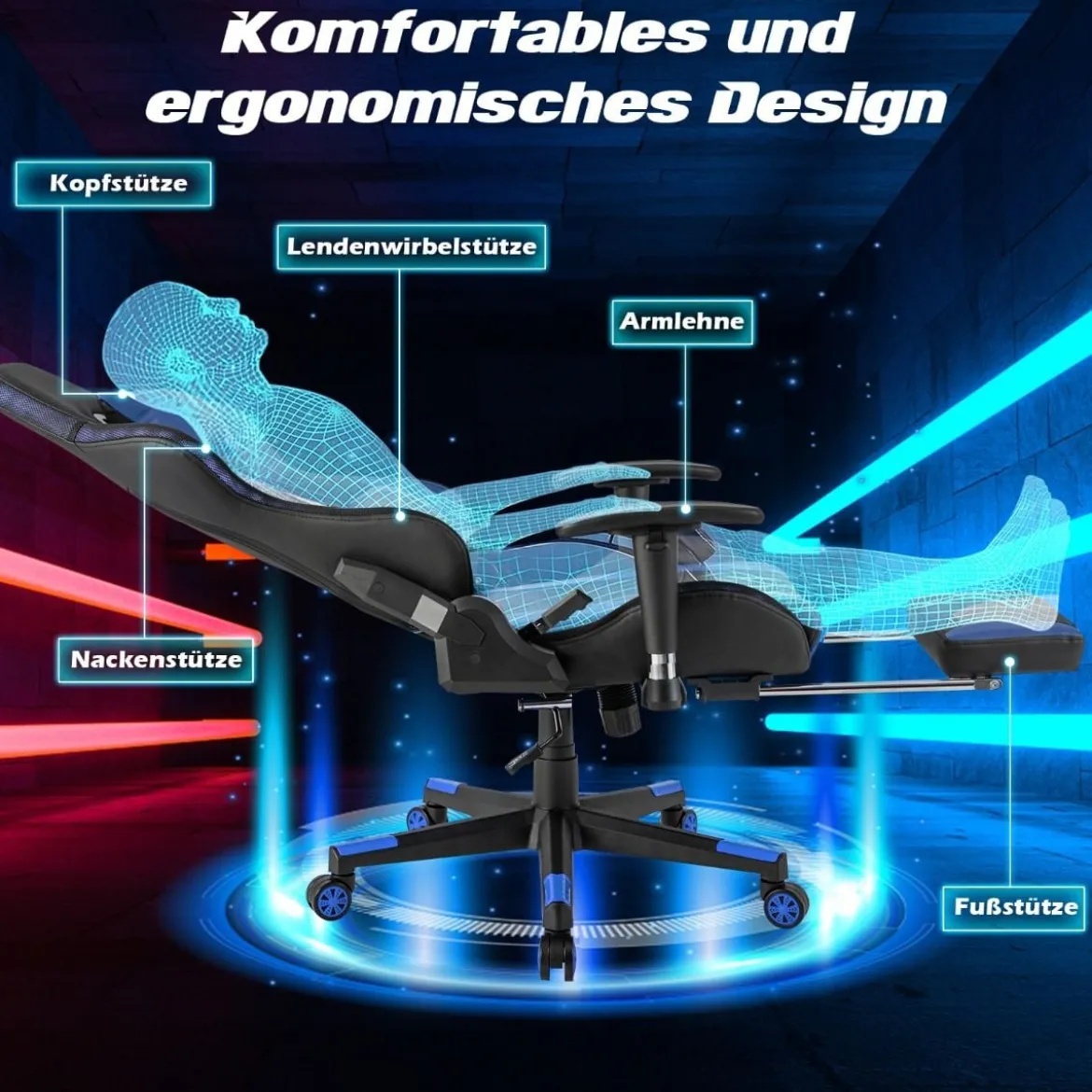 Gaming Stuhl mit RGB-LED-Leuchten & Einziehbarer Fußstütze Ergonomischer Bürostuhl Blau