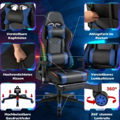 Gaming Stuhl mit RGB-LED-Leuchten & Einziehbarer Fußstütze Ergonomischer Bürostuhl Blau