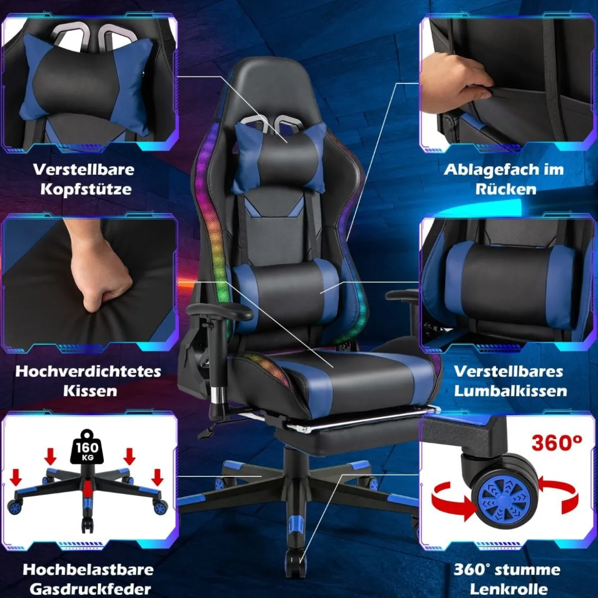 Gaming Stuhl mit RGB-LED-Leuchten & Einziehbarer Fußstütze Ergonomischer Bürostuhl Blau