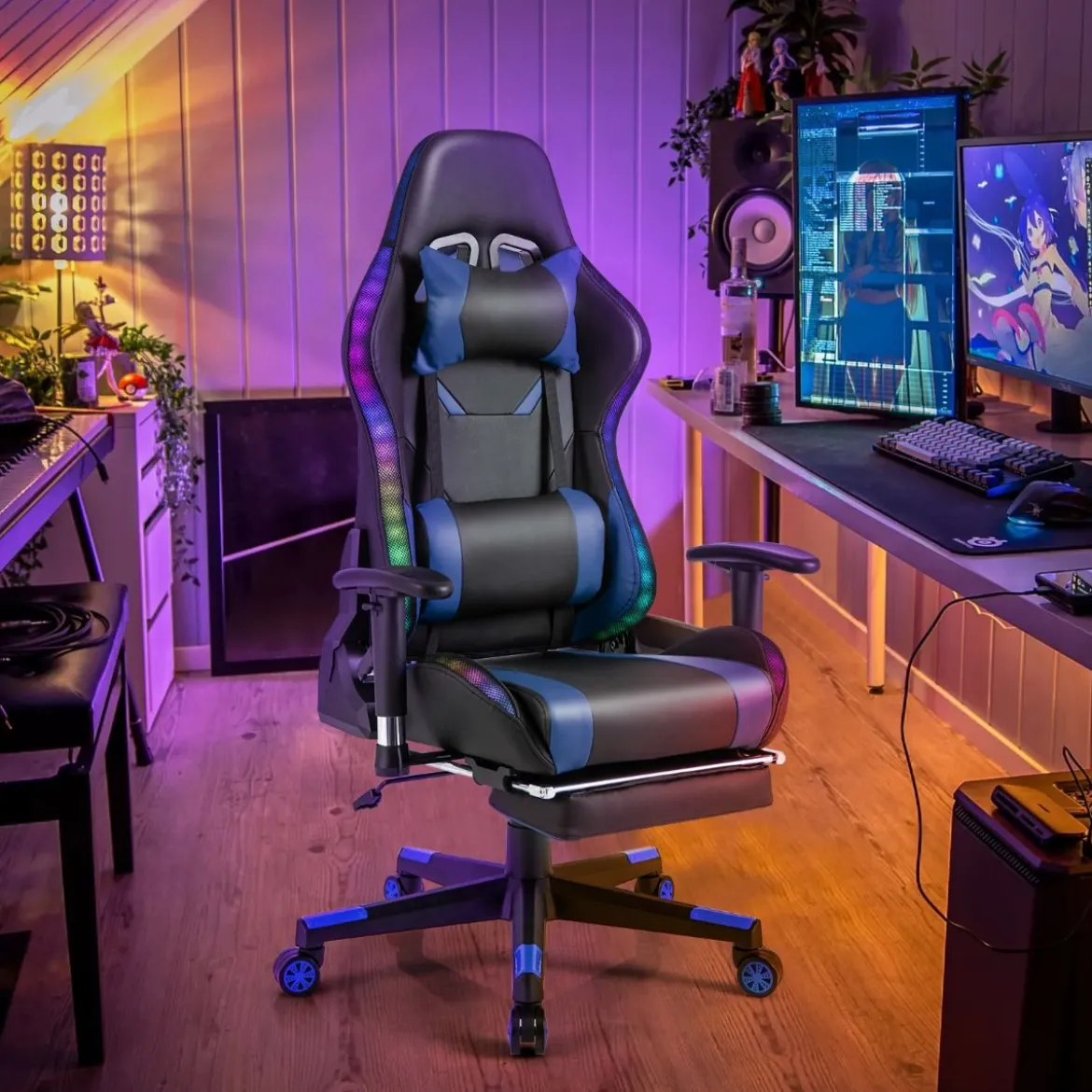 Gaming Stuhl mit RGB-LED-Leuchten & Einziehbarer Fußstütze Ergonomischer Bürostuhl Blau