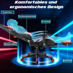 Gaming Stuhl mit RGB-LED-Leuchten & Einziehbarer Fußstütze Ergonomischer Bürostuhl Rot