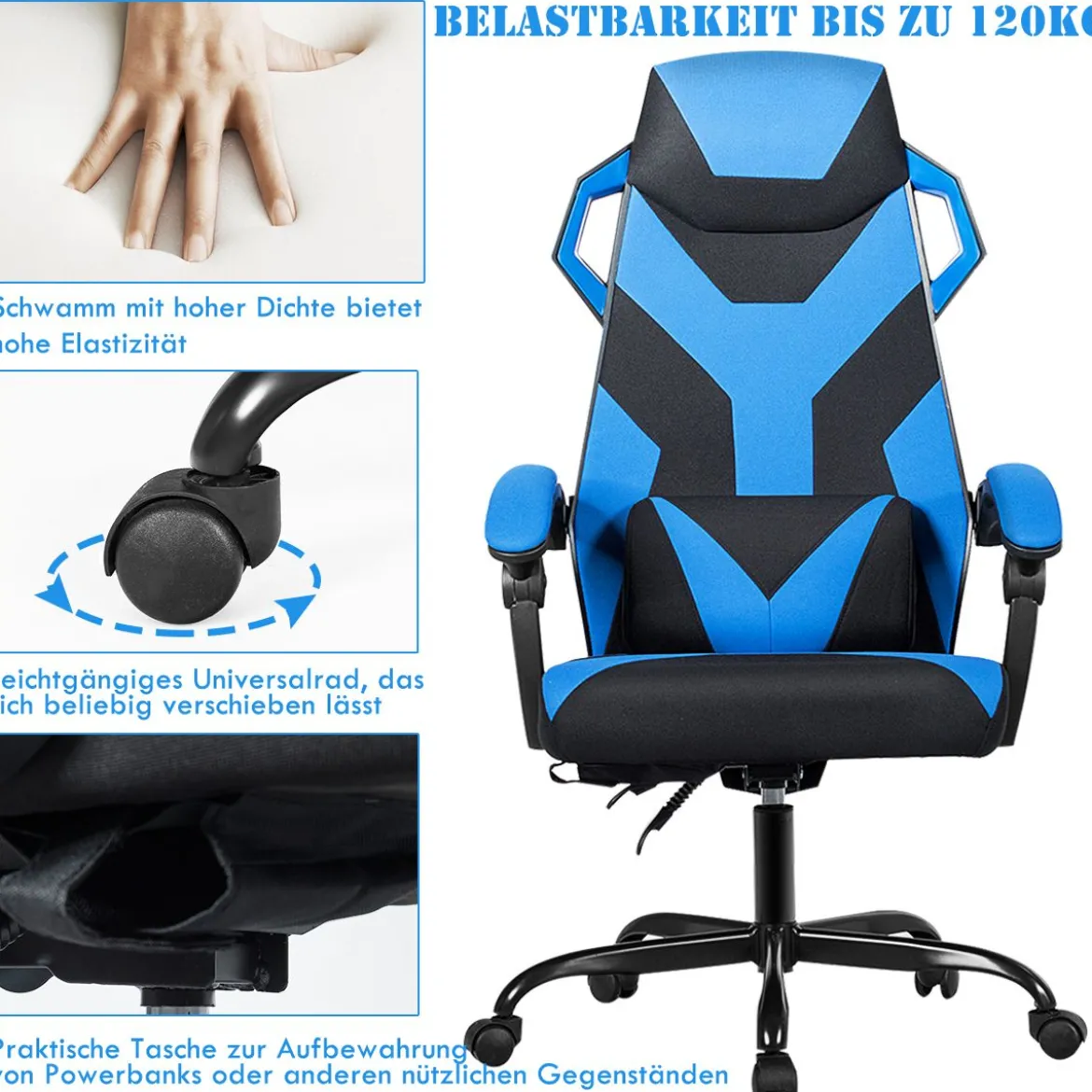 Gaming Stuhl verstellbar Bürostuhl Chefsessel mit hoher Rücken Racingstuhl Blau