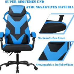 Gaming Stuhl verstellbar Bürostuhl Chefsessel mit hoher Rücken Racingstuhl Blau