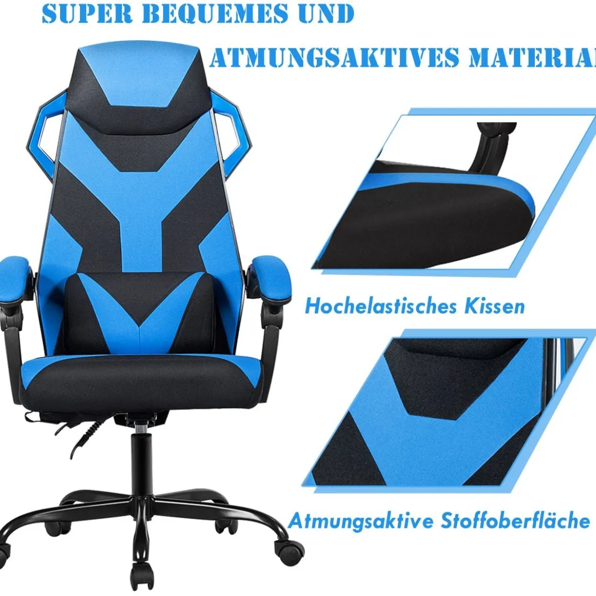 Gaming Stuhl verstellbar Bürostuhl Chefsessel mit hoher Rücken Racingstuhl Blau