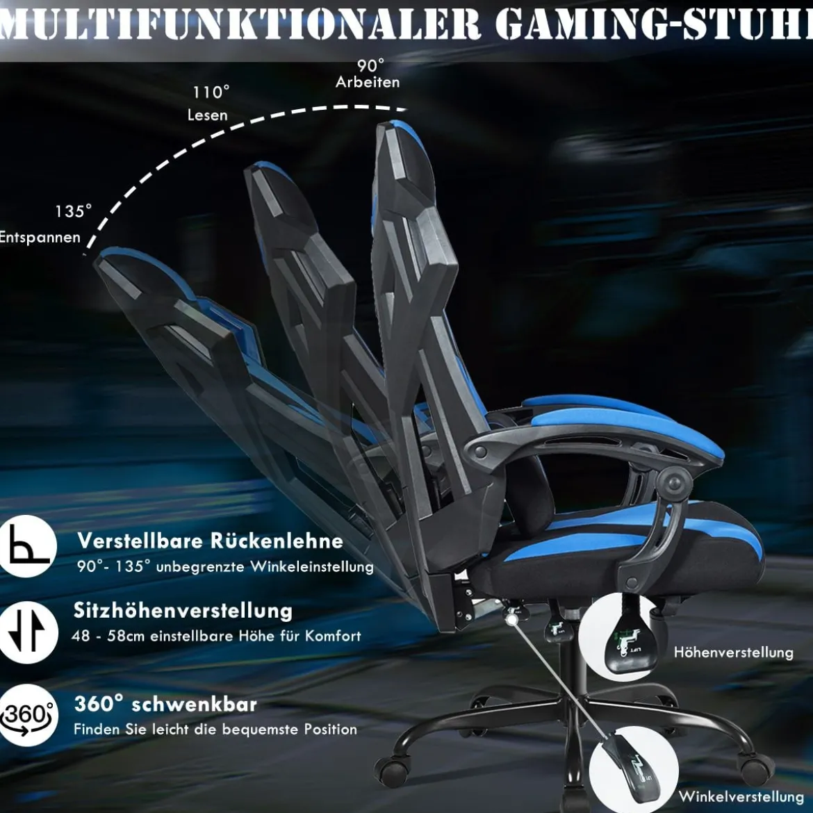 Gaming Stuhl verstellbar Bürostuhl Chefsessel mit hoher Rücken Racingstuhl Blau