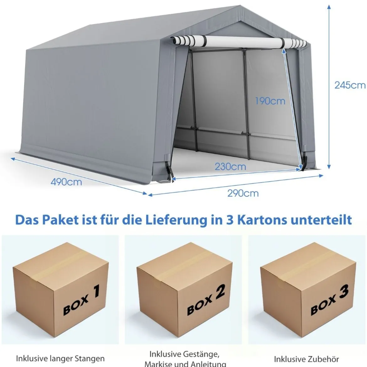 Garagenzelt 290 x 490 cm Großer Carport Zeltgarage mit Türen Autounterstand für SUV Boot Grau
