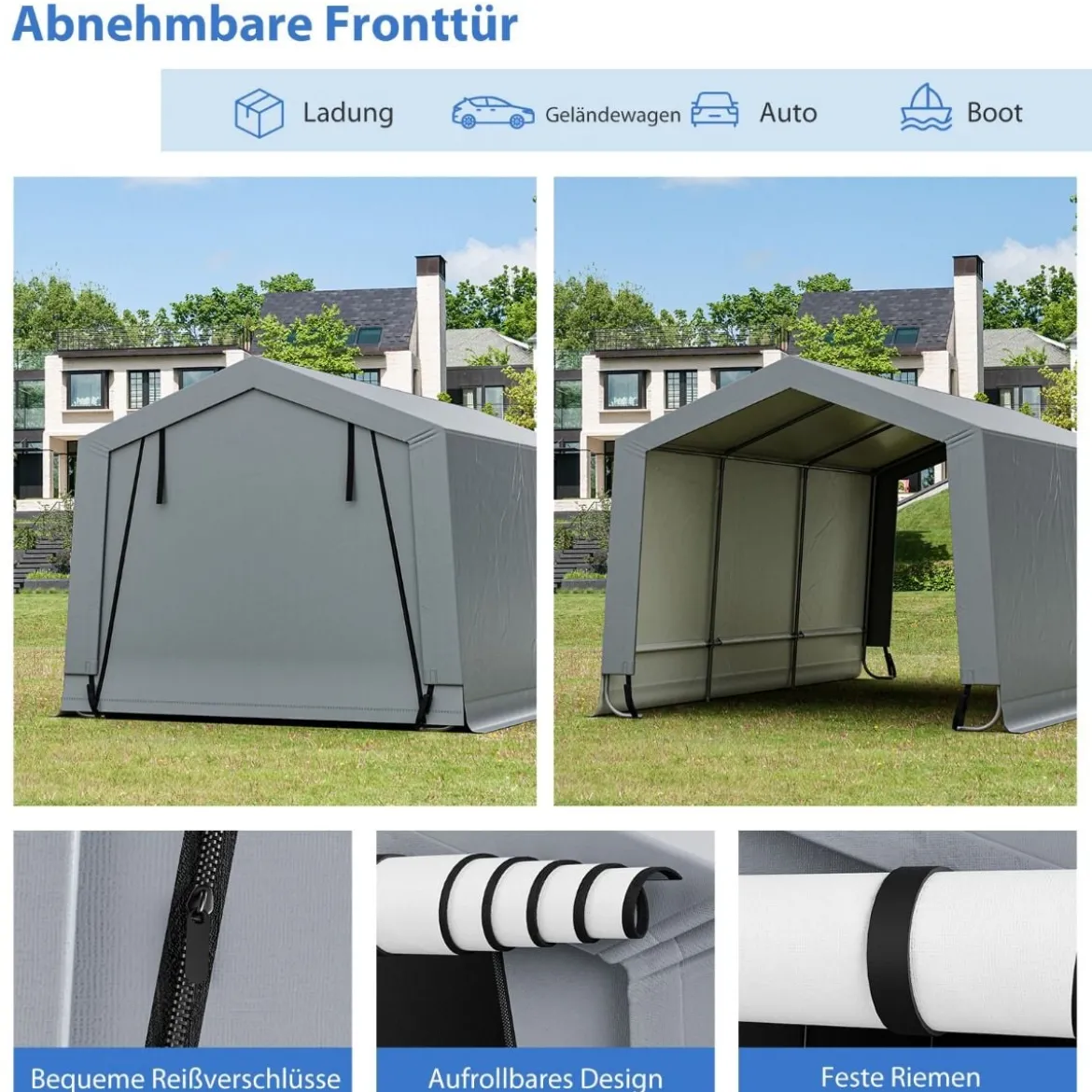 Garagenzelt 290 x 490 cm Großer Carport Zeltgarage mit Türen Autounterstand für SUV Boot Grau