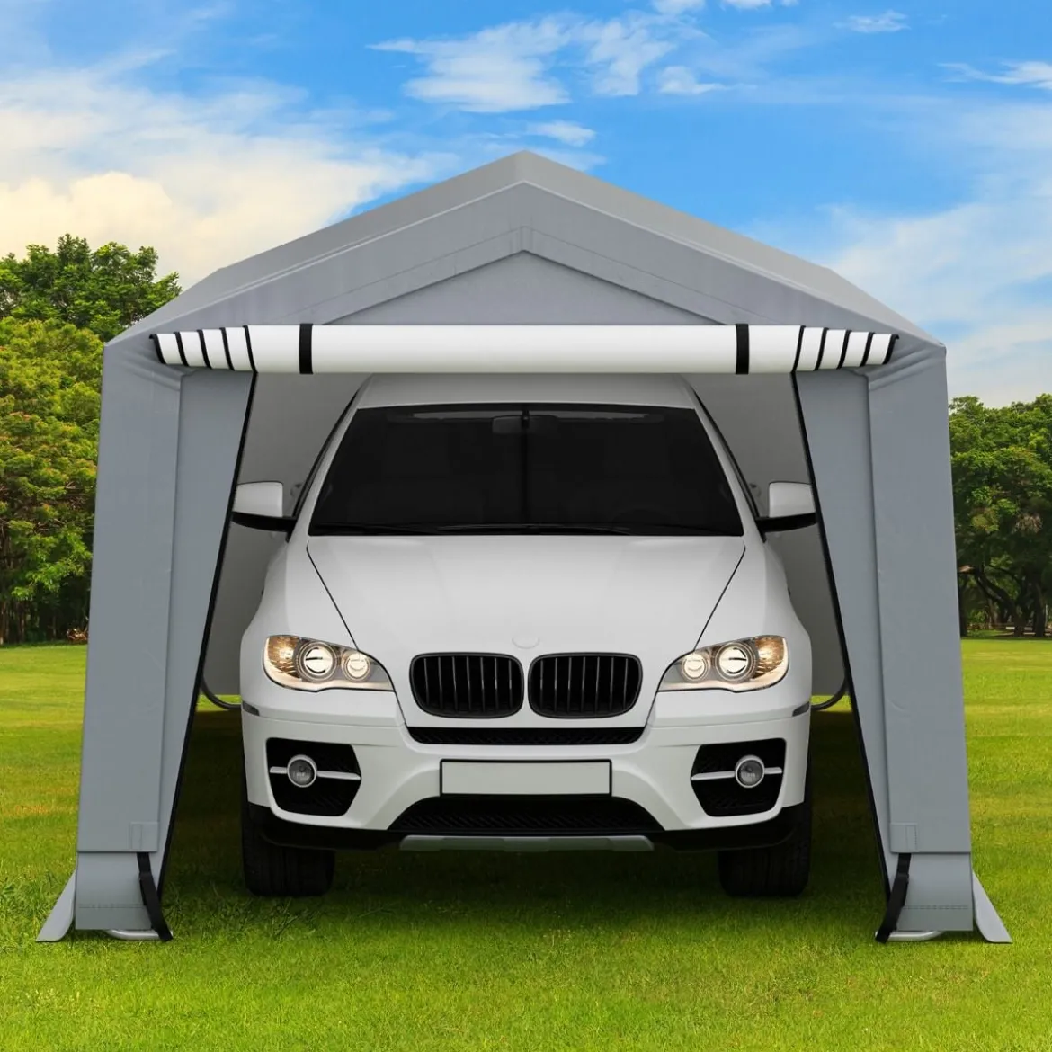 Garagenzelt 290 x 490 cm Großer Carport Zeltgarage mit Türen Autounterstand für SUV Boot Grau