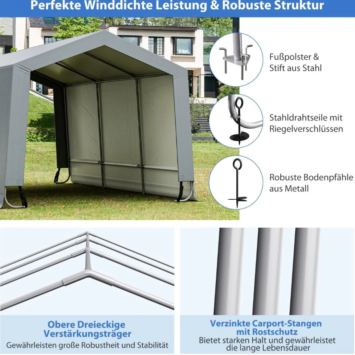 Garagenzelt 290 x 490 cm Großer Carport Zeltgarage mit Türen Autounterstand für SUV Boot Grau