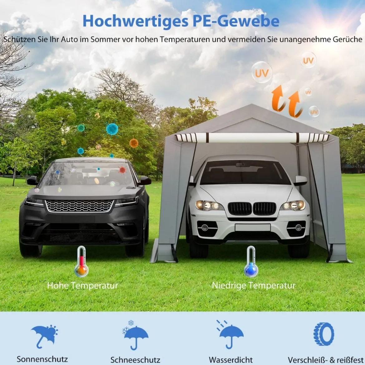 Garagenzelt 290 x 490 cm Großer Carport Zeltgarage mit Türen Autounterstand für SUV Boot Grau