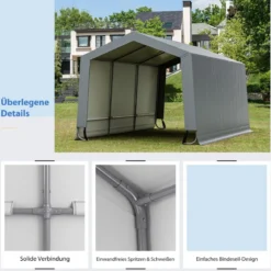 Garagenzelt 290 x 490 cm Großer Carport Zeltgarage mit Türen Autounterstand für SUV Boot Grau