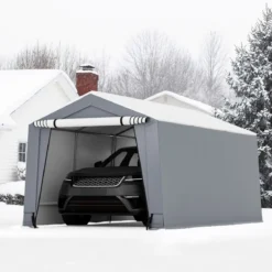 Garagenzelt 290 x 490 cm Großer Carport Zeltgarage mit Türen Autounterstand für SUV Boot Grau
