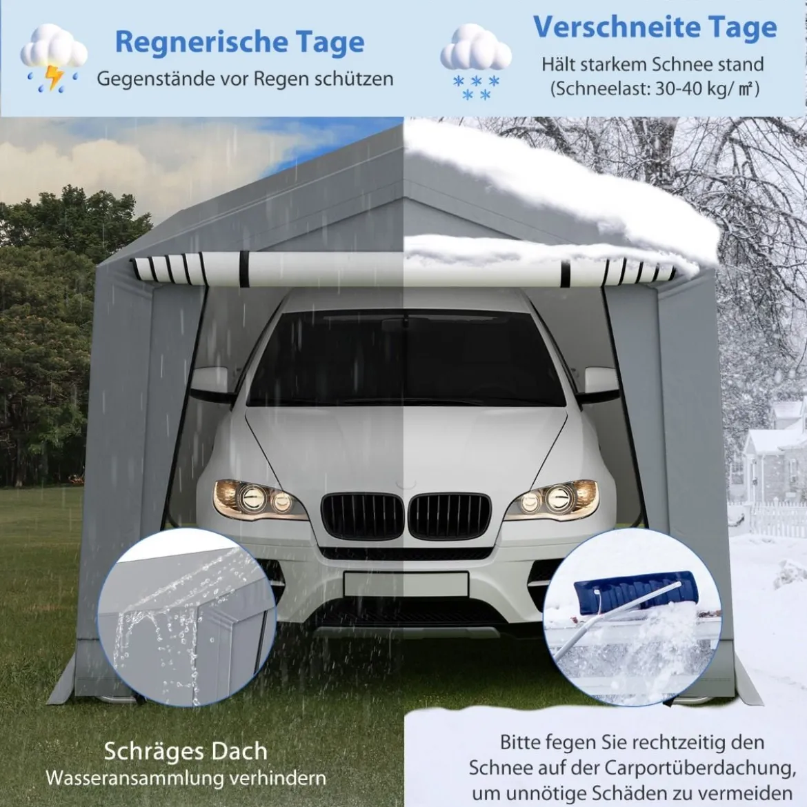 Garagenzelt 290 x 490 cm Großer Carport Zeltgarage mit Türen Autounterstand für SUV Boot Grau