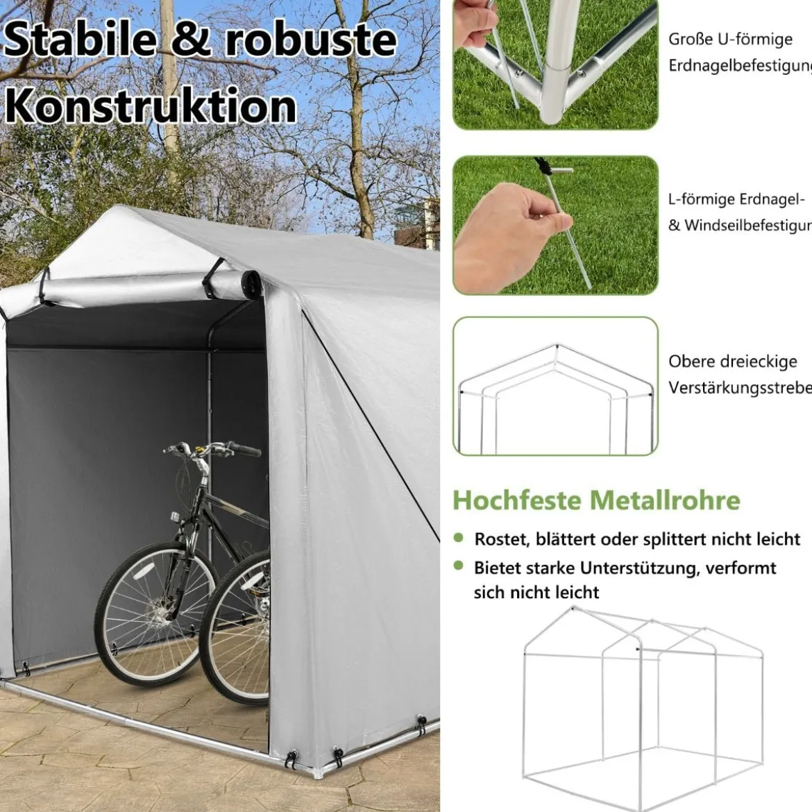 Garagenzelt 160 x 218 x 164 cm Gerätehaus Wasserdicht mit Metallrahmen Grau