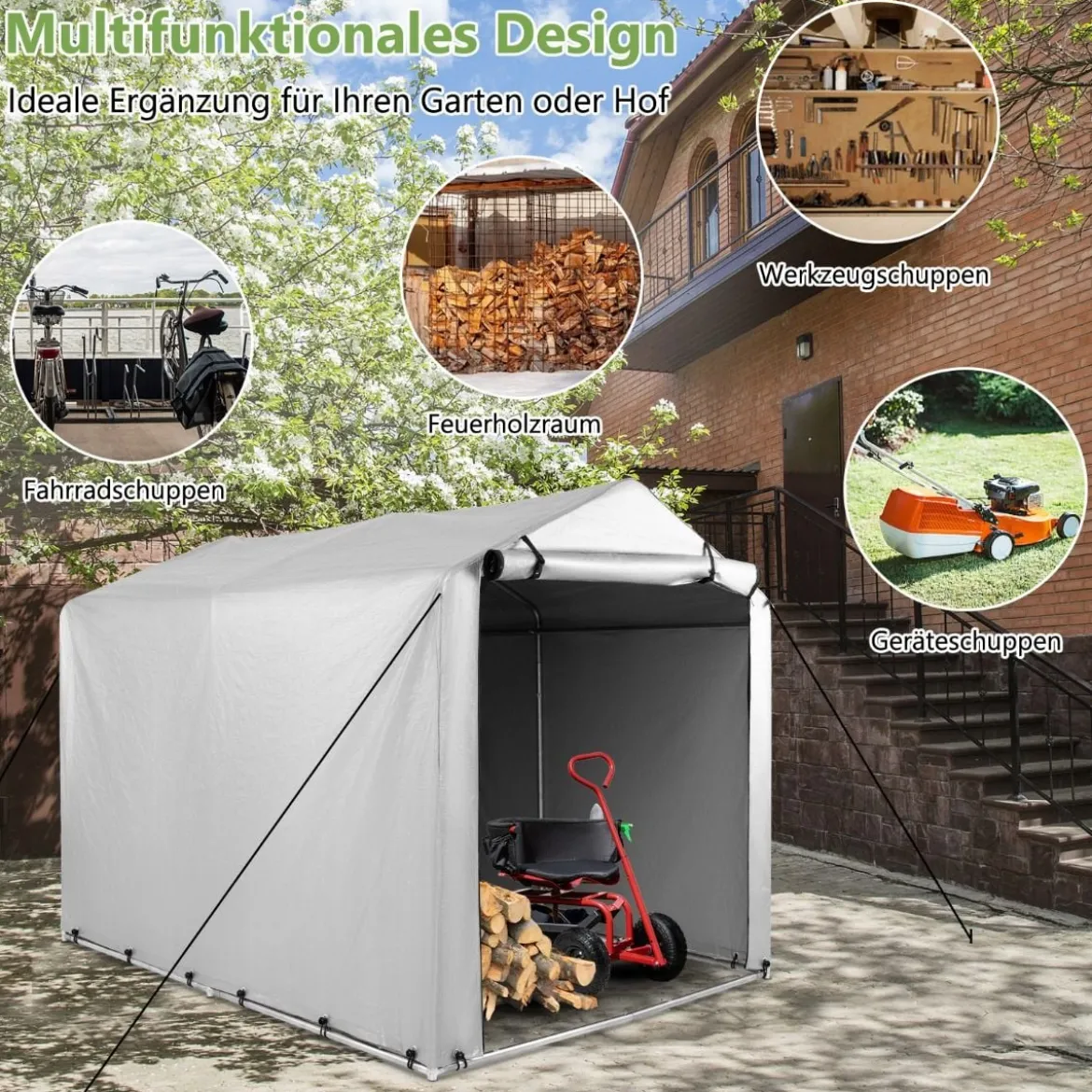 Garagenzelt 160 x 218 x 164 cm Gerätehaus Wasserdicht mit Metallrahmen Grau