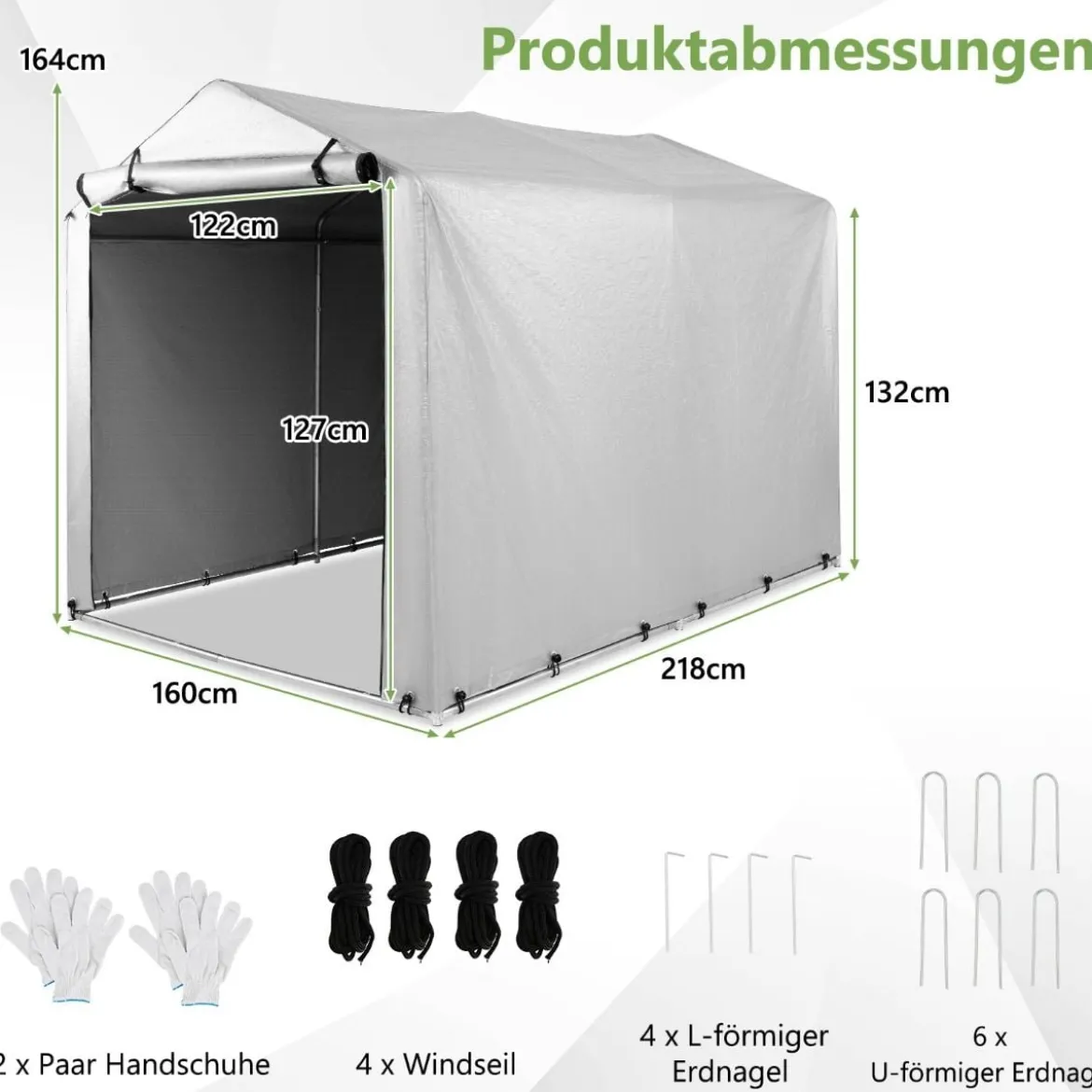 Garagenzelt 160 x 218 x 164 cm Gerätehaus Wasserdicht mit Metallrahmen Grau