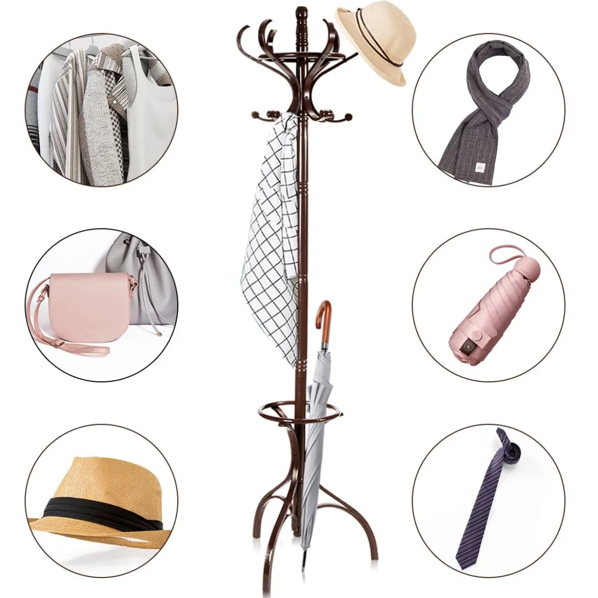 Garderobenständer Kleiderständer Garderobe mit 12 Haken Braun/Schwarz/Natur/Weiß