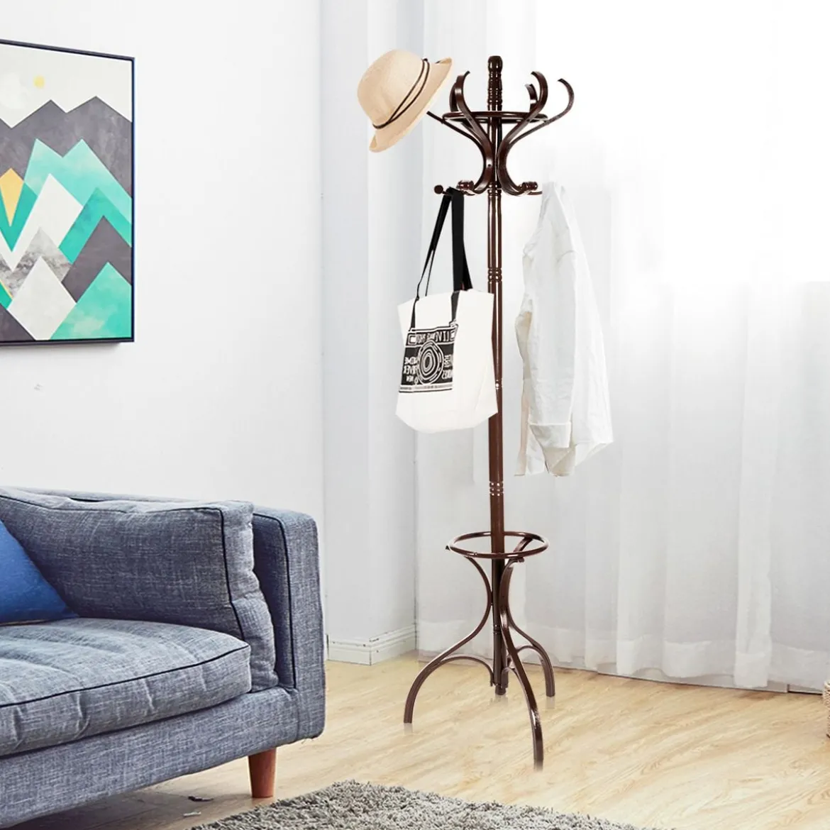 Garderobenständer Kleiderständer Garderobe mit 12 Haken Braun/Schwarz/Natur/Weiß