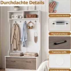 Garderobenständer Kleiderständer mit Offener Ablage Schuhregal 2 Fächern & 5 Haken Schwarz/Grau/Weiß