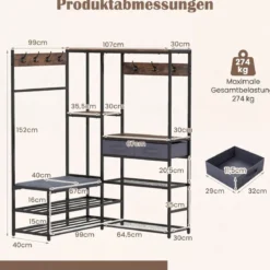 Garderobenständer mit Gepolsterter Sitzbank & Schuhregal Kleiderständer mit 2 Stoffschubladen