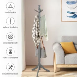 Garderobenständer mit 9 Haken freistehender Kleiderständer mit verstellbarer höhen 175 cm Grau
