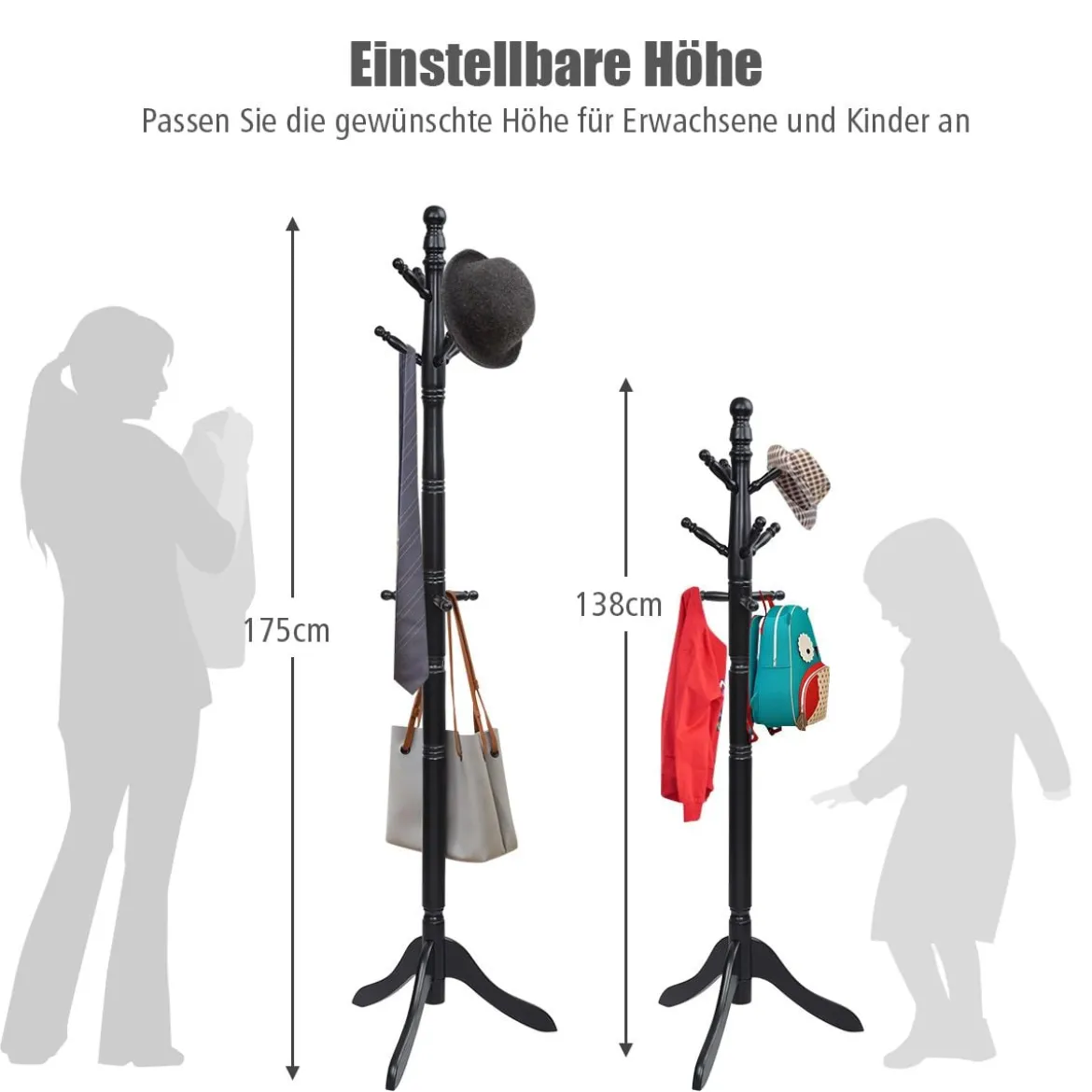 Garderobenständer mit 9 Haken freistehender Kleiderständer mit verstellbarer höhen 175 cm Schwarz