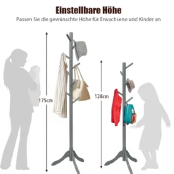 Garderobenständer mit 8 Haken Kleiderständer aus Holz höhenverstellbar 175 cm Grau