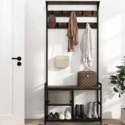 Garderobenständer mit 9 Haken & Schuhregal 3 Ebenen Garderobe Industrie-Design Braun