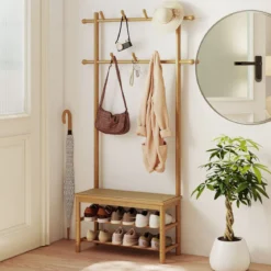 Garderobenständer mit Schuhbank & Schuhregal & 2 Aufhängestangen & 13 Haken Natur