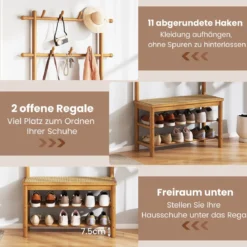 Garderobenständer mit Schuhbank & Schuhregal & 2 Aufhängestangen & 13 Haken Natur