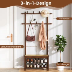 Garderobenständer mit Schuhbank & Schuhregal & 2 Aufhängestangen & 13 Haken Braun