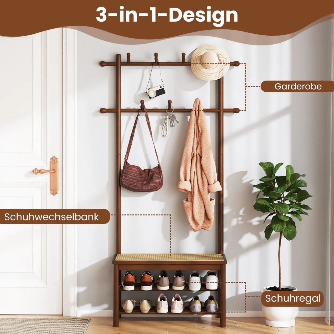 Garderobenständer mit Schuhbank & Schuhregal & 2 Aufhängestangen & 13 Haken Braun
