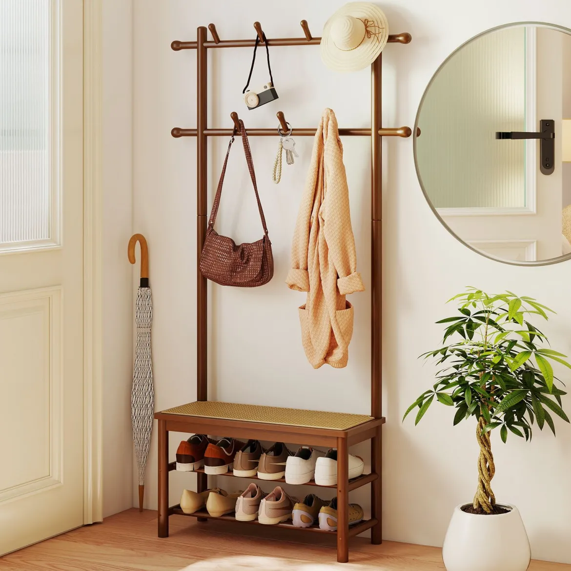 Garderobenständer mit Schuhbank & Schuhregal & 2 Aufhängestangen & 13 Haken Braun