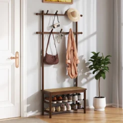 Garderobenständer mit Schuhbank & Schuhregal & 2 Aufhängestangen & 13 Haken Braun