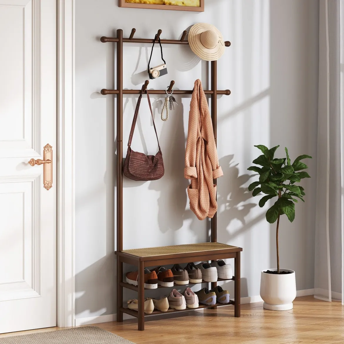 Garderobenständer mit Schuhbank & Schuhregal & 2 Aufhängestangen & 13 Haken Braun