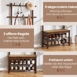 Garderobenständer mit Schuhbank & Schuhregal & 2 Aufhängestangen & 13 Haken Braun