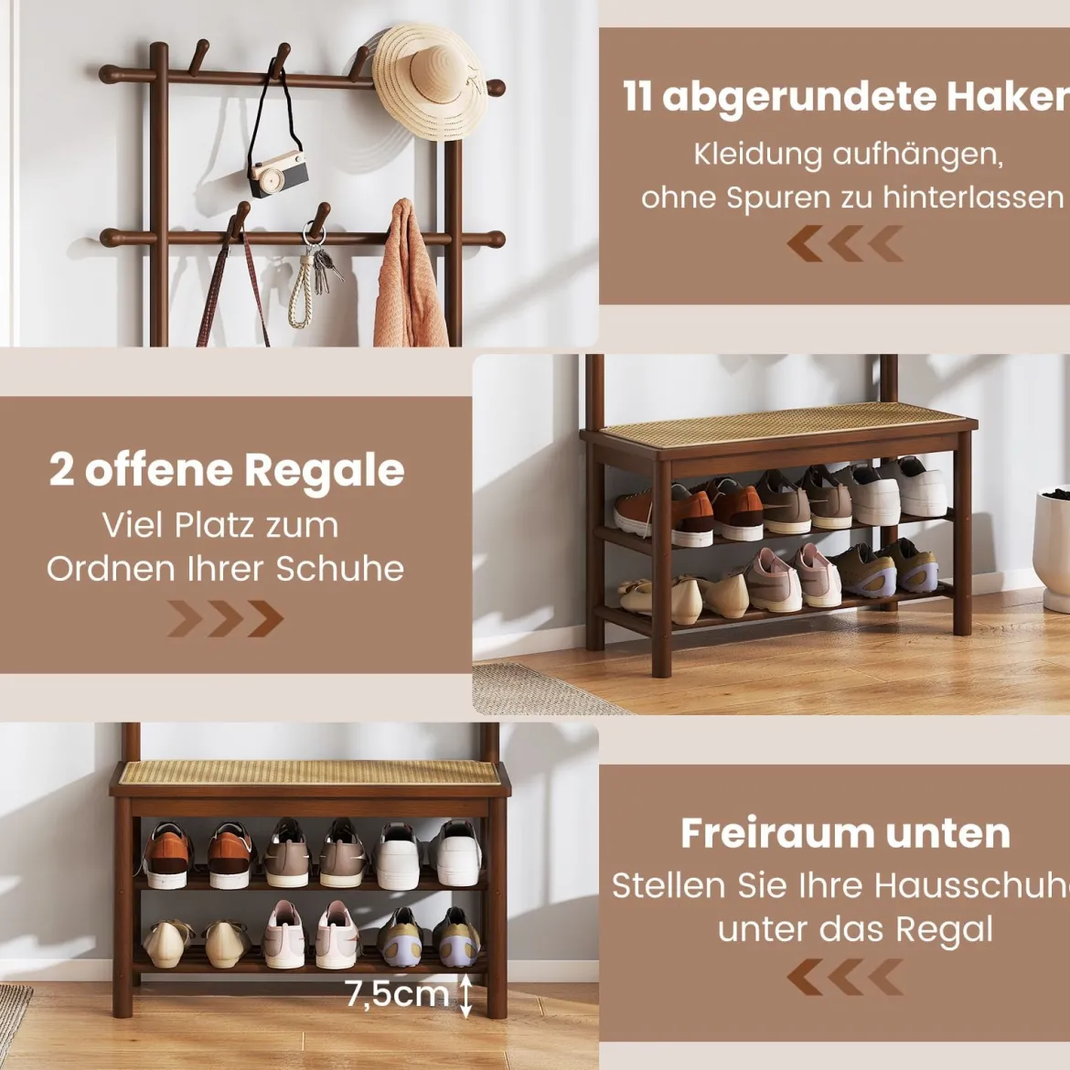 Garderobenständer mit Schuhbank & Schuhregal & 2 Aufhängestangen & 13 Haken Braun