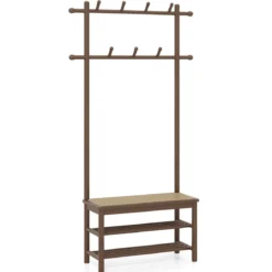 Garderobenständer mit Schuhbank & Schuhregal & 2 Aufhängestangen & 13 Haken Braun